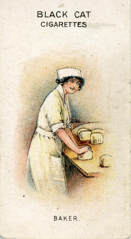 Cigarette card (front): Woman on War Work Series No. 21: Baker; Carreras Ltd; 1916; GWL-2022-127-1