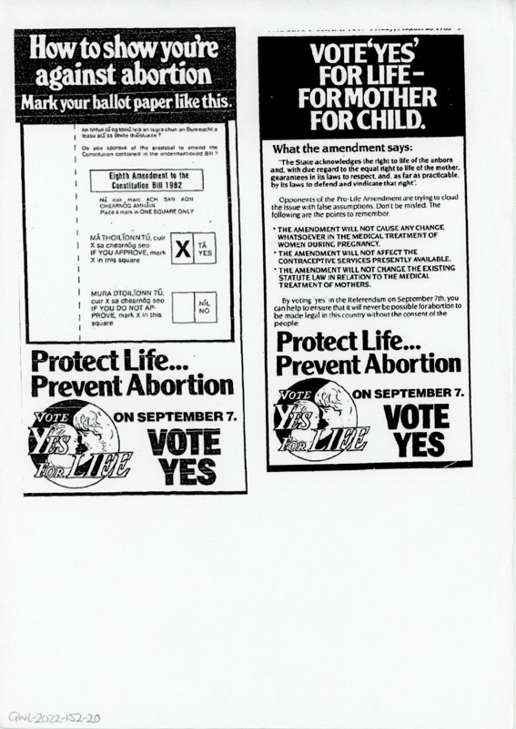 Adverts: Protect Life, Prevent Abortion; Vote Yes for Life; 1983; GWL-2022-152-20