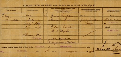 Birth Certificate: Ellen Cullen; 1897; GWL-2017-107-1