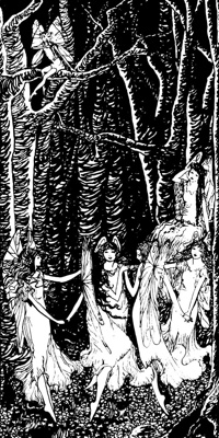 Monochromatic drawing titled 'Fairies in a Wood' (1925) by Hannah Frank (1908-2008)