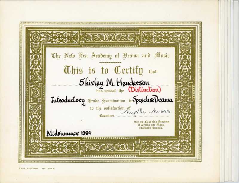 Certificates: Speech & Drama; New Era Academy of Drama & Music; 1964-70; GWL-2021-5-6