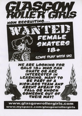 Flyer: Glasgow Roller Girls Now Recruiting; Glasgow Roller Derby; c.2007-12; GWL-2020-29-1