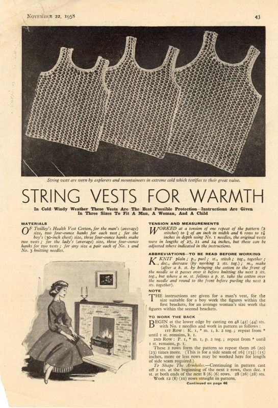 Magazine cutting: String Vests for Warmth; Woman's Weekly; 1958; GWL-2018-20-6