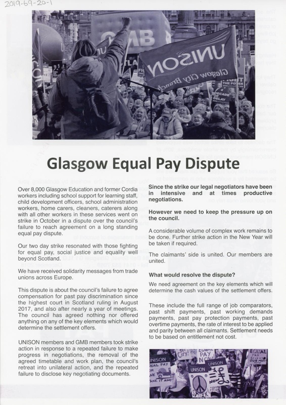 Handout (front): Glasgow Equal Pay Dispute; UNISON; 2018; GWL-2019-20