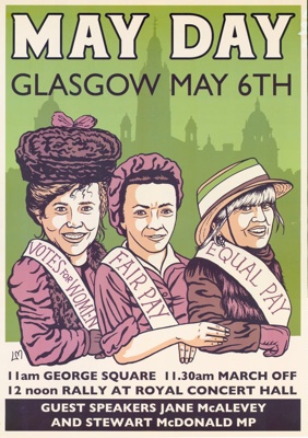 Poster featuring Suffragettes and promoting May Day events