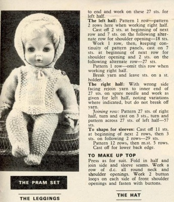 Knitting pattern for doll's pram set and outfit; Unknown; GWL-2016-95-123