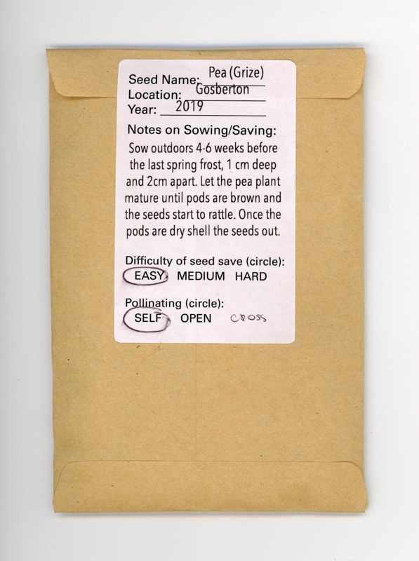 Seed packet: Grize Pea; Glasgow Seed Library; 2019; GWL-2021-18-1