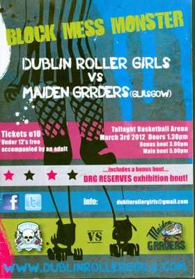 Programme cover for 'Block Mess Monster' featuring Dublin Roller Girls vs Maiden Grrders