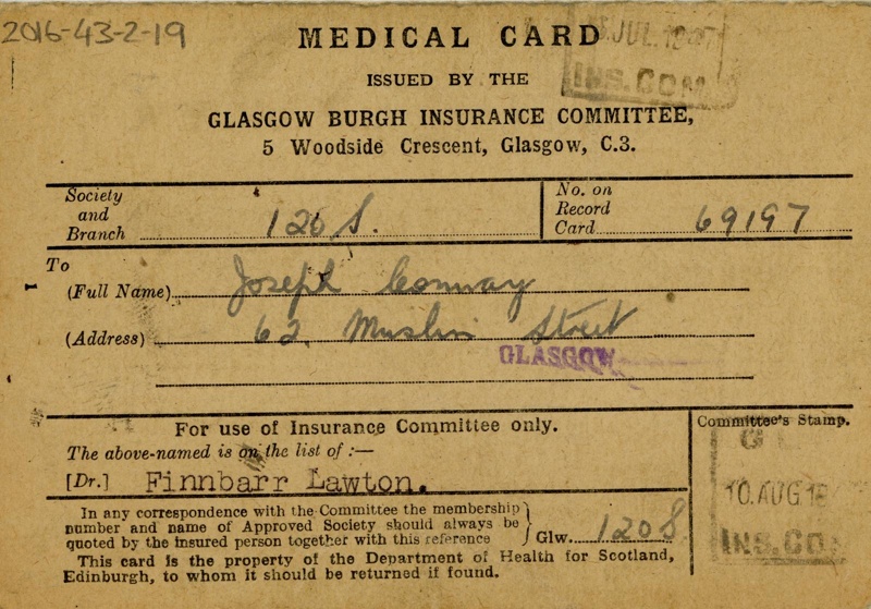 NHS Medical Card: Joseph Conway; Glasgow Burgh Insurance Committee; 1947; GWL-2016-43-2-19