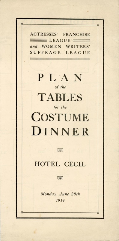 Document cover: Table Plan for Costume Dinner; Actresses' Franchise League and Women Writers' Suffrage League; 1914; GWL-2022-59-7