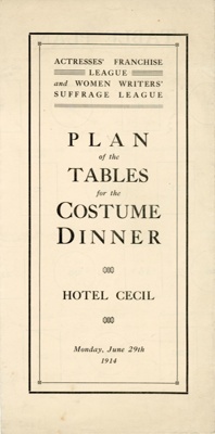 Document cover: Table Plan for Costume Dinner; Actresses' Franchise League and Women Writers' Suffrage League; 1914; GWL-2022-59-7