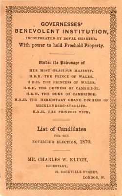 Front cover: List of Candidates; Governesses' Benevolent Institution; 1870; GWL-2022-69-1