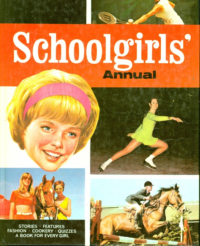 Front cover of Schoolgirls' Annual, featuring the face of a young woman and images of girls with horses, skating and playing tennis