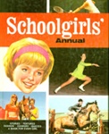 Front cover of Schoolgirls' Annual, featuring the face of a young woman and images of girls with horses, skating and playing tennis