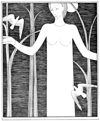 Monochromatic drawing titled 'Woman with Birds' (1947) by Hannah Frank (1908-2008)