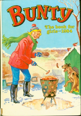 Front cover of 'Bunty for Girls 1984' featuring Bunty cooking sausages over a brazier