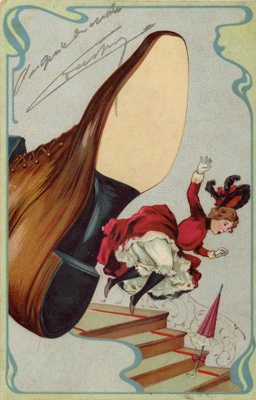 Postcard front: Woman being kicked down stairs; c.1906-08; GWL-2024-106-9