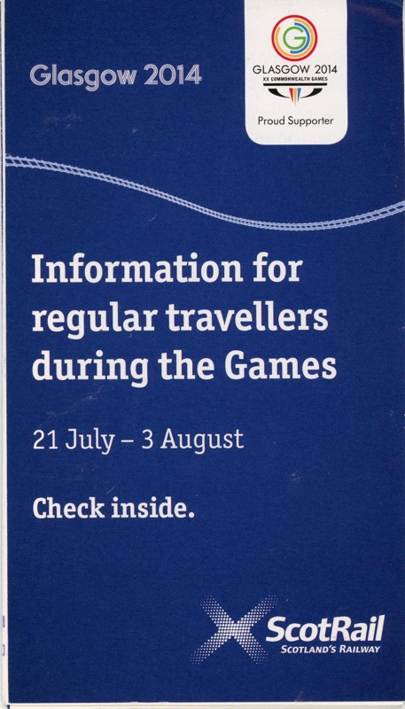 Front cover: Glasgow 2014: Information for Travellers; ScotRail / Glasgow 2014; GWL-2015-58-10