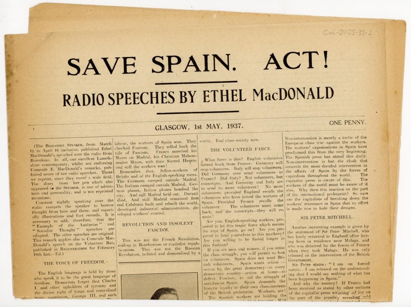 News article: Save Spain. Act! Radio Speeches by Ethel MacDonald; Aldred, Guy; May 1937; GWL-2023-35-2