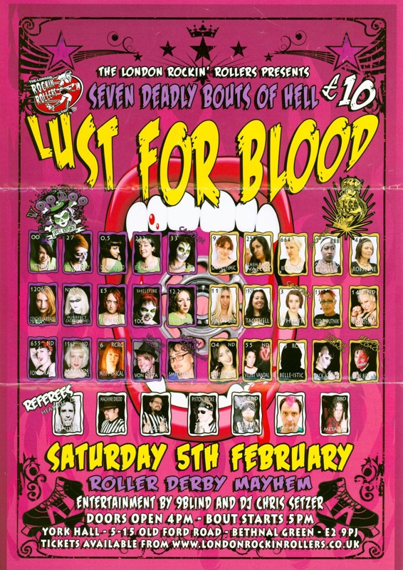 Roller Derby poster advertising "Seven Deadly Bouts of Hell: Lust for Blood", Feb 2011