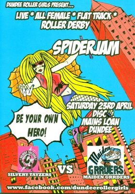Front cover for Spiderjam programme presented by Dundee Roller Girls