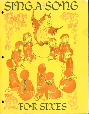 Front cover of "Sing A Song for Sixes" featuring a group of Brownie Guides around a toadstool.