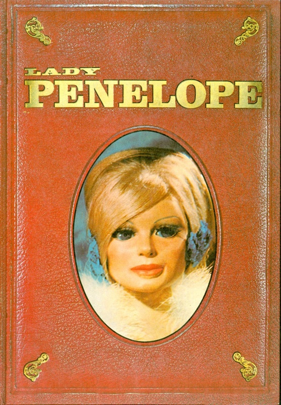 Front cover of a Lady Penelope annual, featuring an oval-shaped head shot of Lady Penelope against a red background