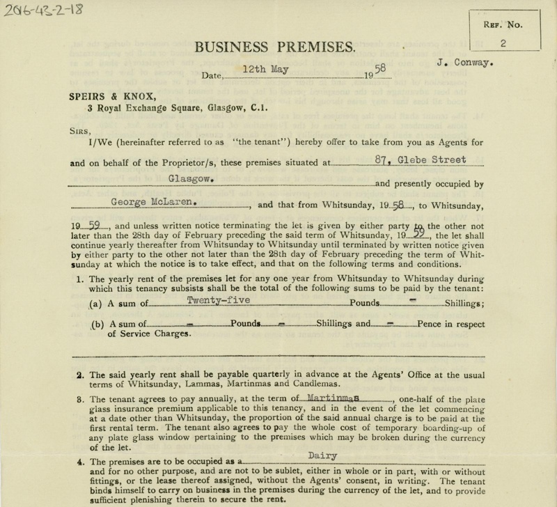 Document: Business Premises Agreement; Conway, Joseph; 1946; GWL-2016-43-2-18 (page 1a)