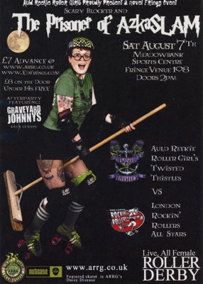 Flyer front (A6): The Prisoner of AzkaSLAM; Auld Reekie Roller Derby; August 2010; GWL-2020-25-1