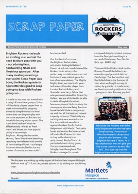 Newsletter (front): Scrap Paper #1; Brighton Rockers Roller Derby; May 2011; GWL-2015-141-6