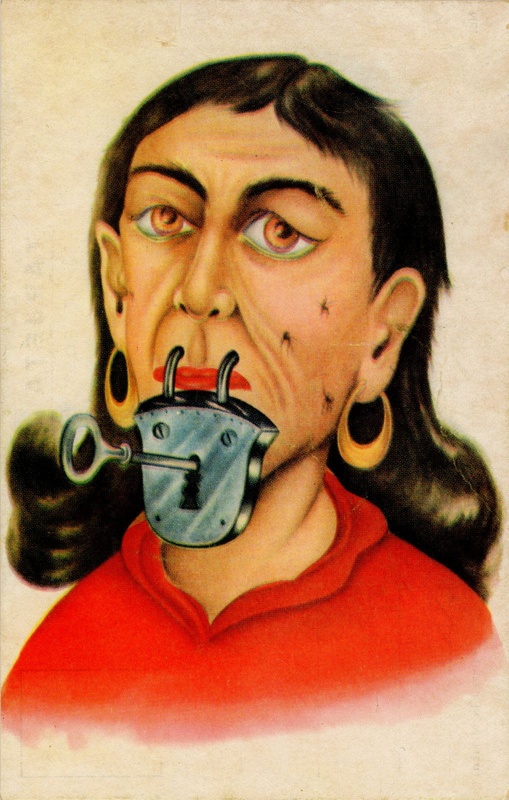 Postcard: Woman with padlocked mouth; GWL-2022-26-67