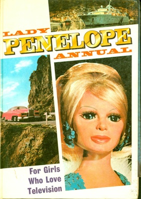 Front cover of Lady Penelope Annual, featuring an image of Lady Penelope beside the pink Fab 1 car, over the words: For Girls Who Love Television