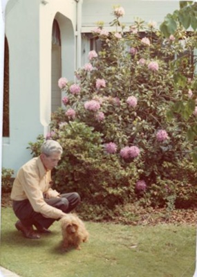 Keith Hutchinson with Silky Terrier in front garden, 41 Avondale Street, Hampton; Venn family; 1952; P12330