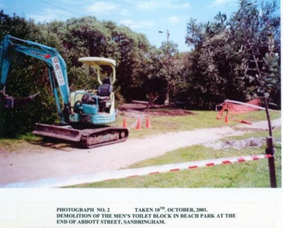 Demolition of men's toilet block, Beach Park, Sandringham; Friends of Abbott Street, Sandringham; 2001 Oct. 10; P9194