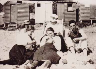 Group on beach, Beaumaris; c. 1925; P1666