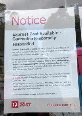 Australia Post notice of suspension of express post guarantee; Choat, Liz; 2020 May 24; PD3317