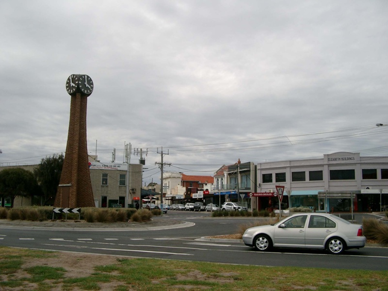 Black Rock intersection with clock tower; Nilsson, Ray; 2008 Mar. 8; P9109 eHive