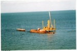 Drilling rig barge alongside HMVS Cerberus at Black Rock; 2002 Nov. 21; P6949