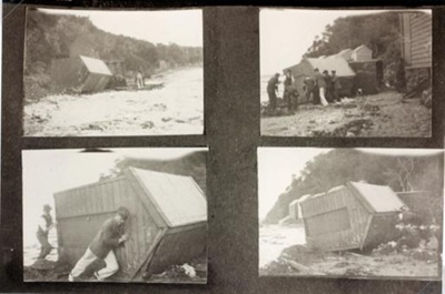 Damaged bathing boxes at Half Moon Bay; 191-; P1505