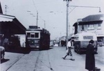 Electric tramcar no. 51 and the Beaumaris bus at Sandringham station; 1956 Sept. 4; P1068