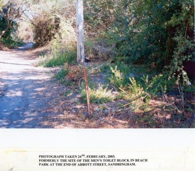 Site of men's toilet block, Beach Park, Abbott Street, Sandringham; Friends of Abbott Street, Sandringham; 2003 Feb. 24; P9175