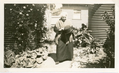 Mary Evaline Bower in front garden at 56 Bamfield Street,"Buxton"; 193-; P8938