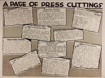 A page of press cuttings, Ricketts Point Estate.; c. 1923; P2137