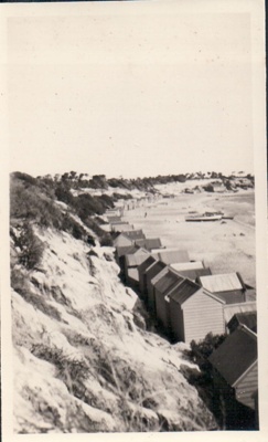 Hampton beach showing congestion of bathing boxes; Miller, G. L.; 1930?; P9275