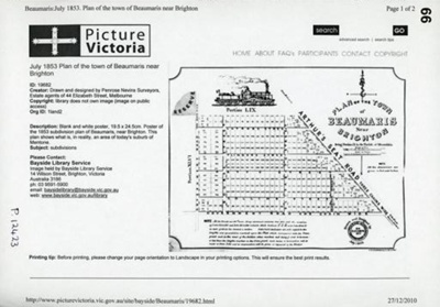 Plan of the town of Beaumaris near Brighton; Penrose Nevins Surveyors; 1853 Jul.; P12423