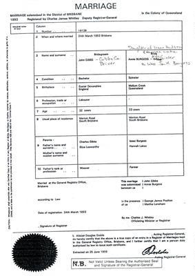 Marriage Certificate - Gibbs Burgess; 25-06-1996; Bh2095 