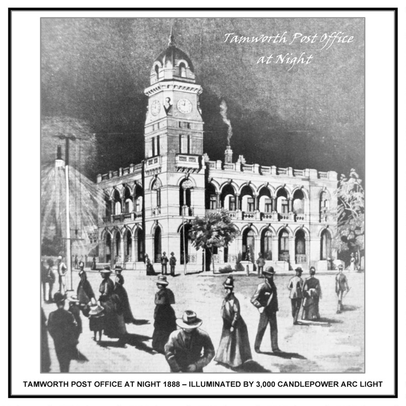 TAMWORTH POST OFFICE AT NIGHT ILLUMINATED BY AN ARC LIGHT; 1988